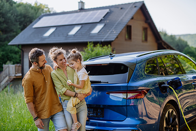 Famille devant une voiture électrique