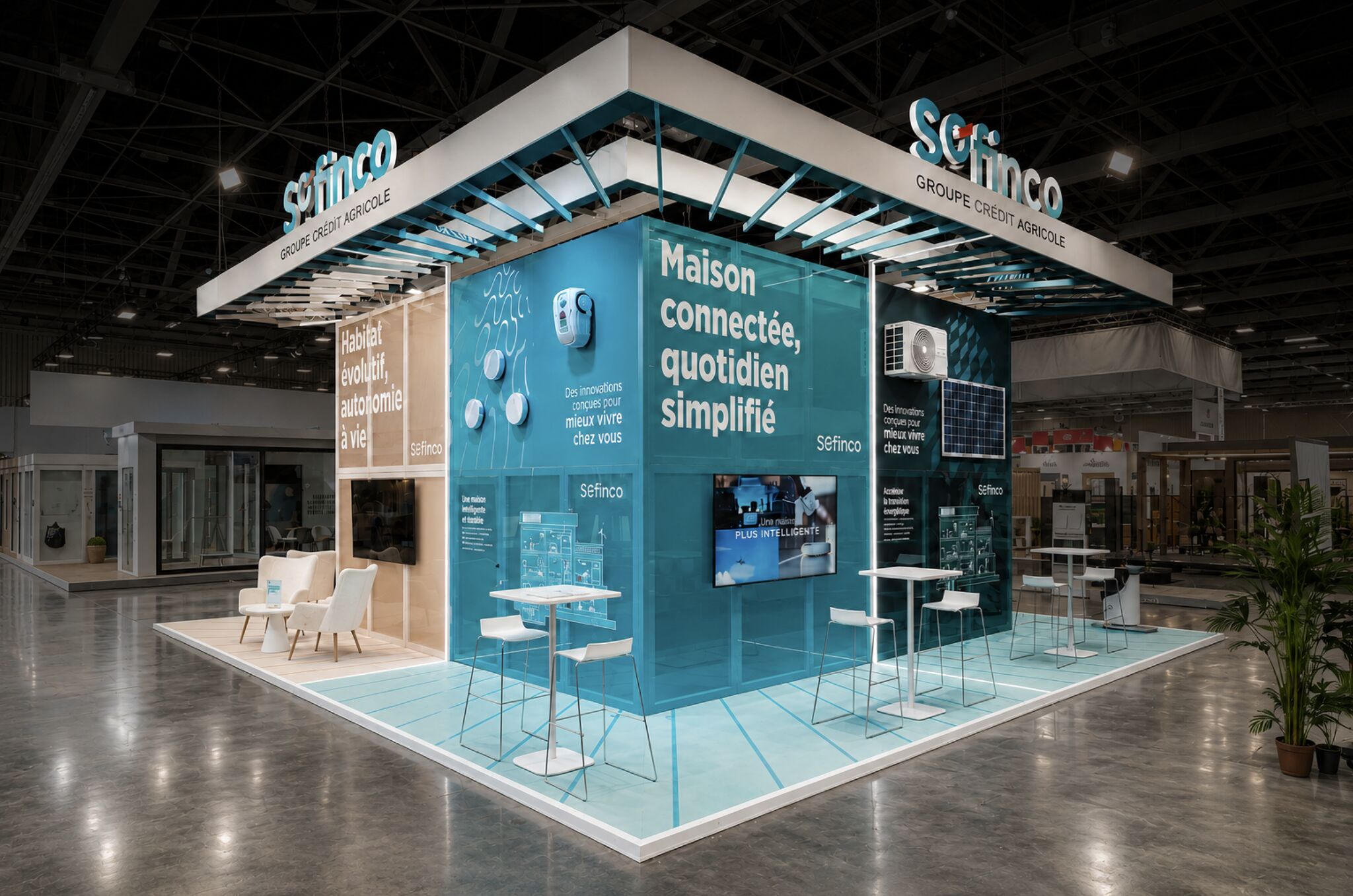 Stand Sofinco présentant des solutions de maison connectée dans un salon professionnel.