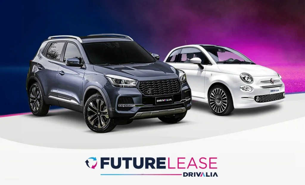 Deux voiture, une blanche et une noir, dans un fond aux couleurs de drivalia