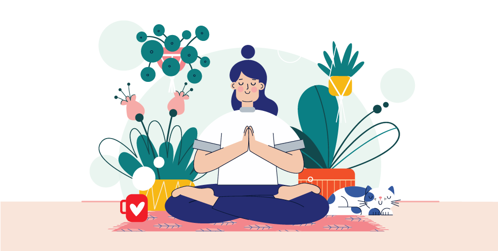 Illustration d’une personne en méditation entourée de plantes, symbolisant le bien-être.