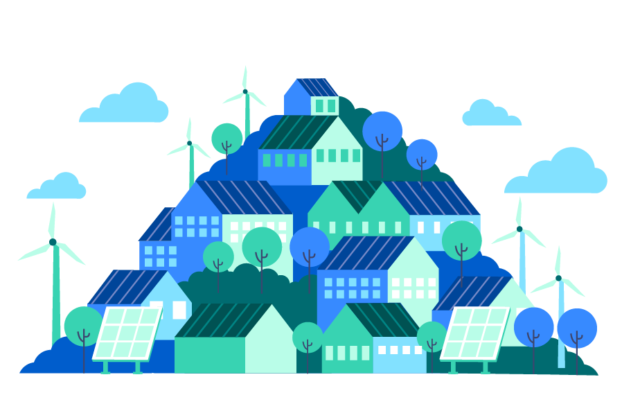 Maisons avec des éoliennes et panneaux solaires