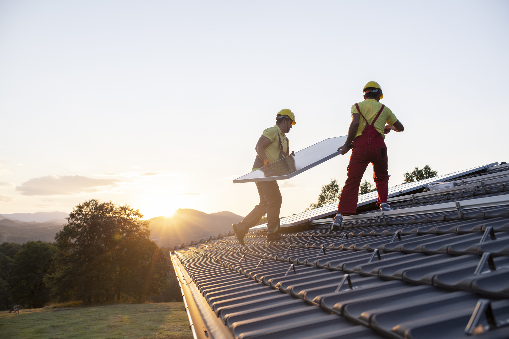 Installation de panneaux solaires sur le toit d’un bâtiment.