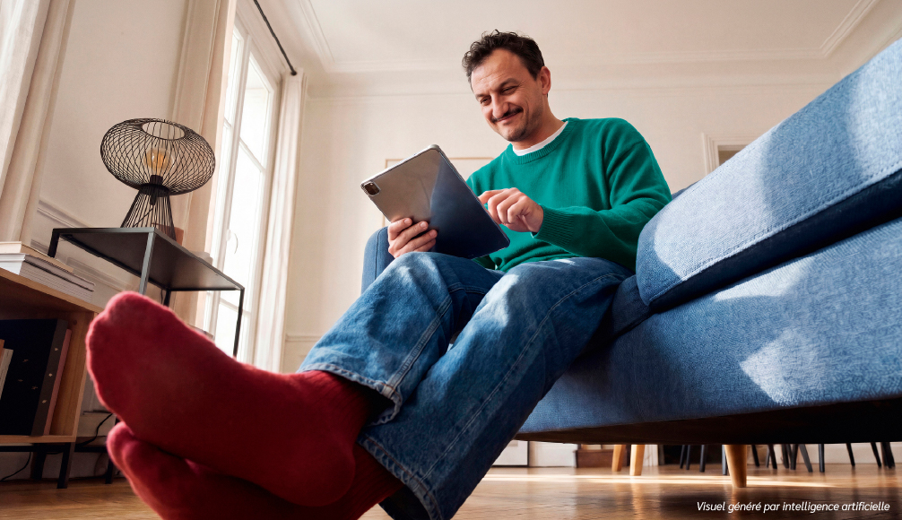Personne utilisant une tablette assise sur un canapé dans un salon.